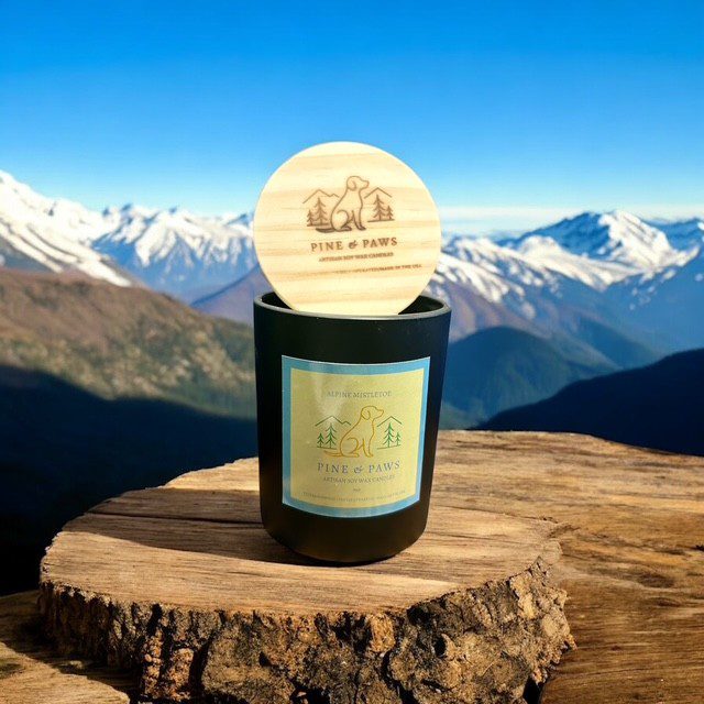 A candle with a wooden lid on a tree stump overlooking snowy mountains.