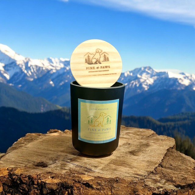 Scented candle with mountain backdrop on wooden stump.